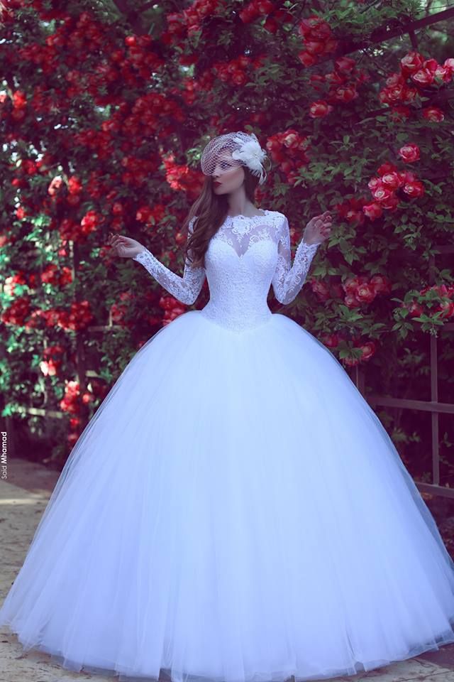 Cheap White Ball Gown Wedding Dresses With Lace Long Sleeve Jewel