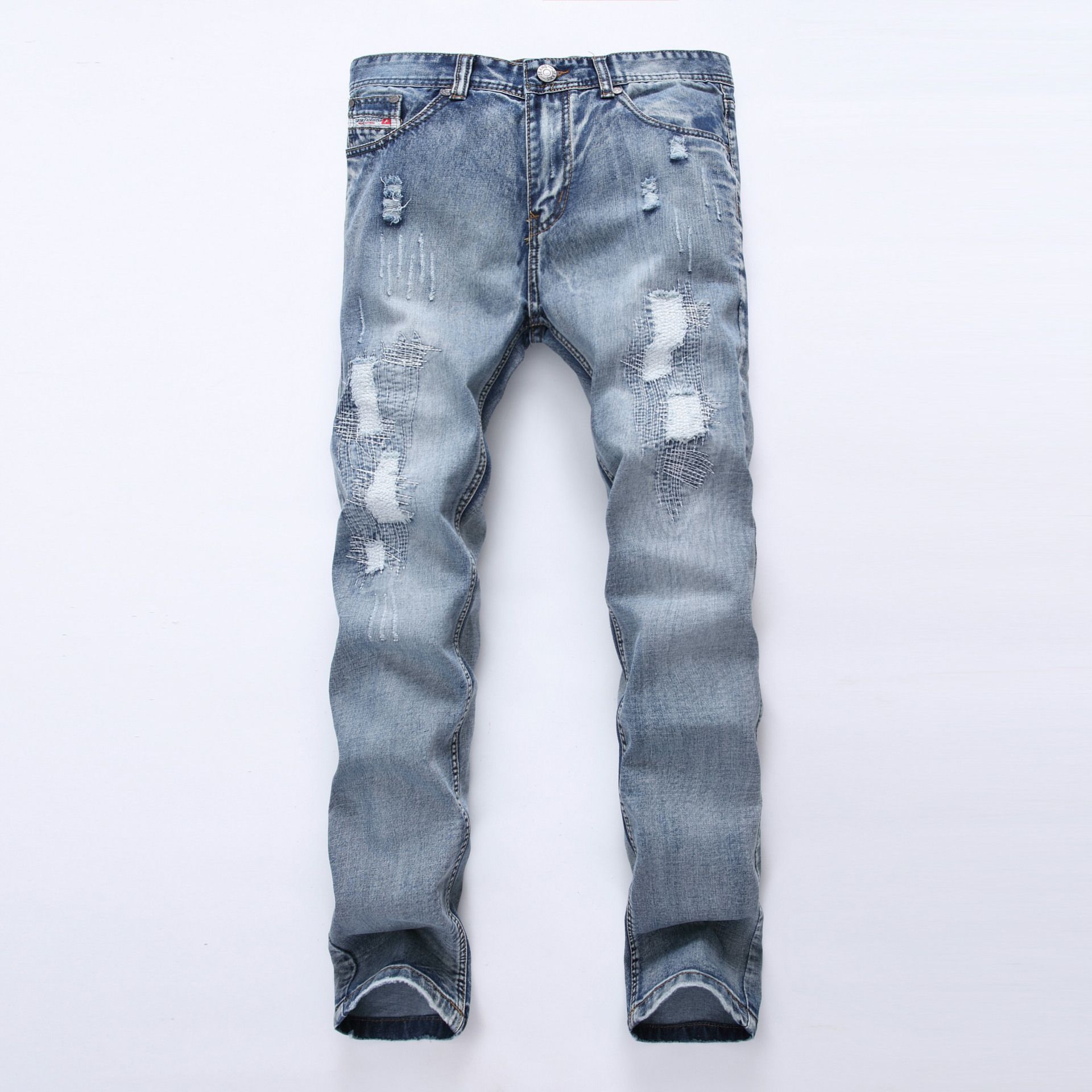 2020 Light Blue Ripped Straight Jeans Men Spring Long Trousers ...