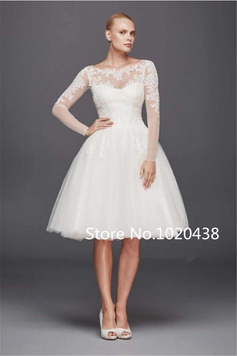 Short Wedding Dress Vintage Lace Applique Long Sleeves Tea Length