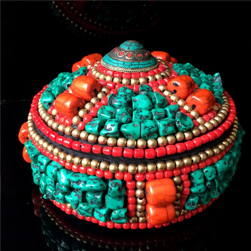 2020 Nepal Handmade Ethnic Style Jewelry Box Imitation Coral Turquoise Handmade Large Jewelry
