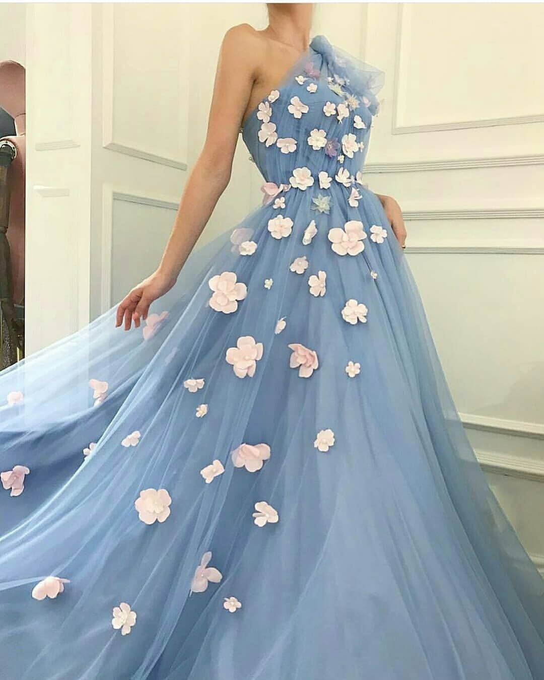2018 Light Blue Prom Dresses A Line One Shoulder Floral