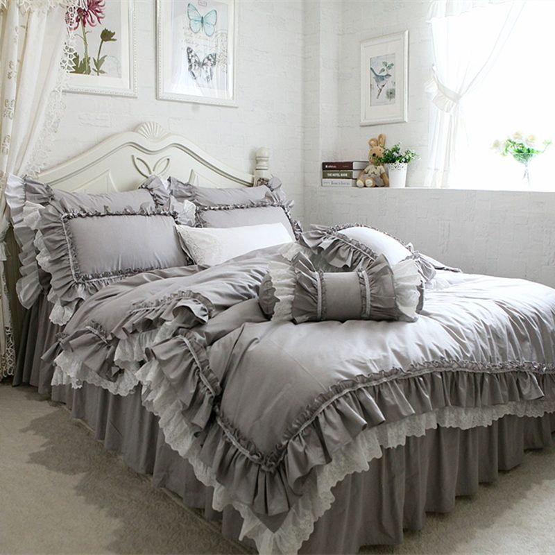 Whole New European Grey Bedding Set Big Ruffle Lace Duvet Cover Whole New European Grey Bedding Set Big Ruffle Lace Duvet Cover Wrinkle Bedspread Bed Sheet For Wedding Decorative Clothes Comforter Sets