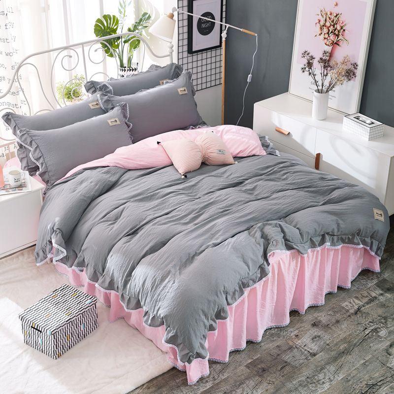 Grey Bedspread Washed Cotton Bedding Set Pink Bed Skirt Printed Grey Bedspread Washed Cotton Bedding Set Pink Bed Skirt Printed Sets Cover Ruffled Pillowcases With Lace Dahdjj 3 King Size Duvet Covers