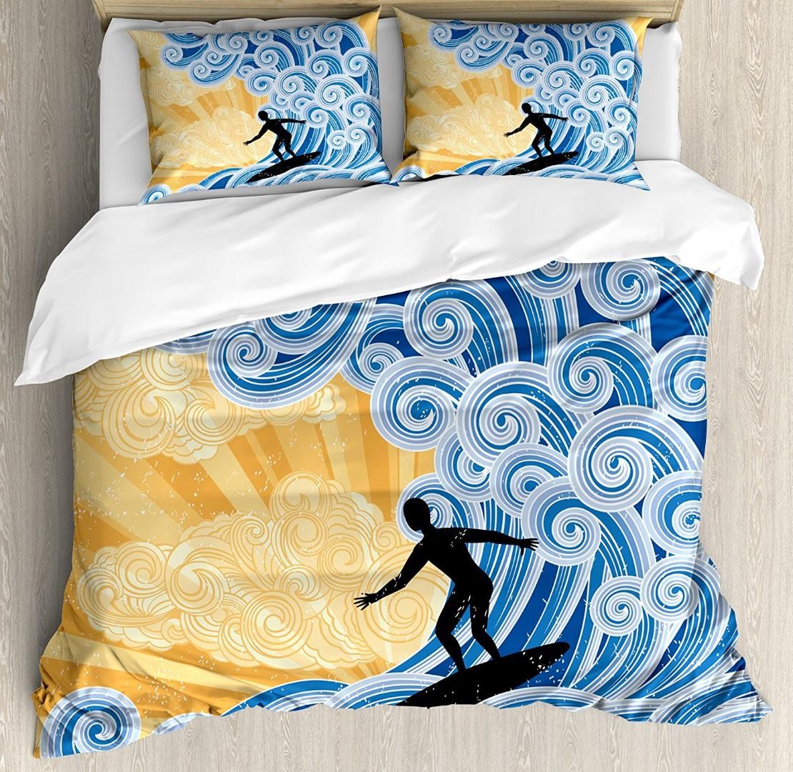 Wave Duvet Cover Set Surfer Slides On Big Stylized Curly Design Wave Duvet Cover Set Surfer Slides On Big Stylized Curly Design Water Swirls Grunge Bedding Sets Gray Twin Comforter Covers From
