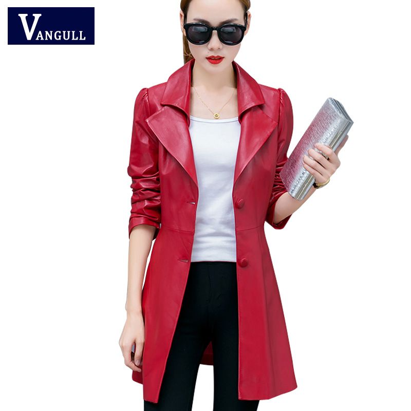 Single Ted Medium Long Leather Jacket Women 2018 New Autumn Winter Plus Size 3xl Black Red S Coat