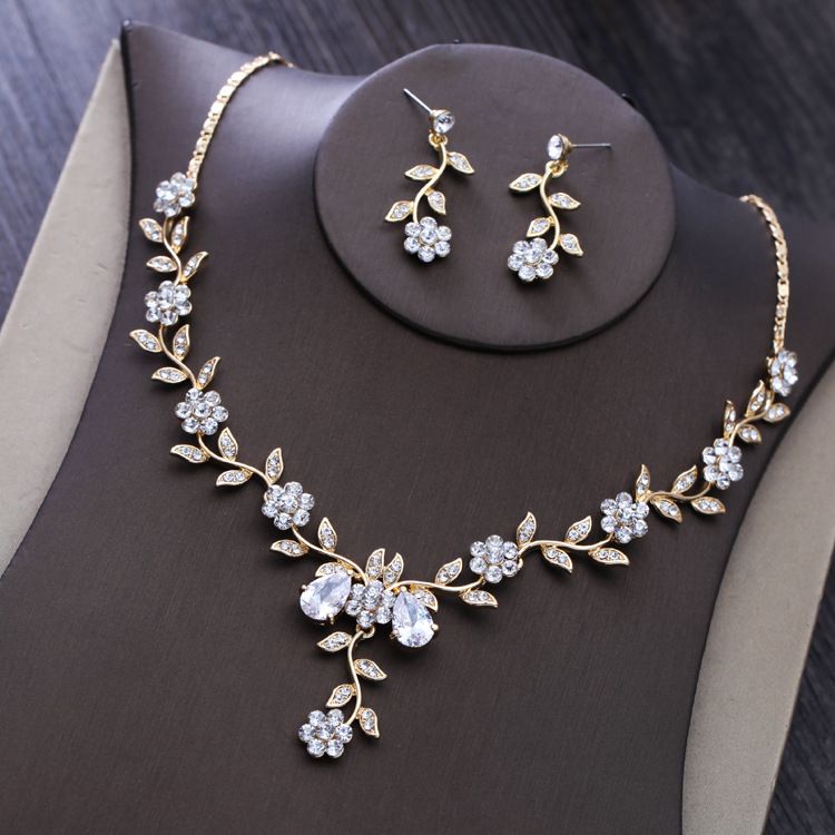 Dower Me Bridal Jewelry Gold Leaf Wedding Necklace Earrings Set