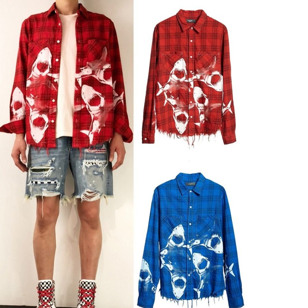 A1mr Shark Tie Dye Washing Damage Plaid Shirt Jacket Vintage High A1mr Shark Tie Dye Washing Damage Plaid Shirt Jacket Vintage High Quality Fashion Sports Tide Men And Women Couple Hfssjk079 Winter Jackets Mens