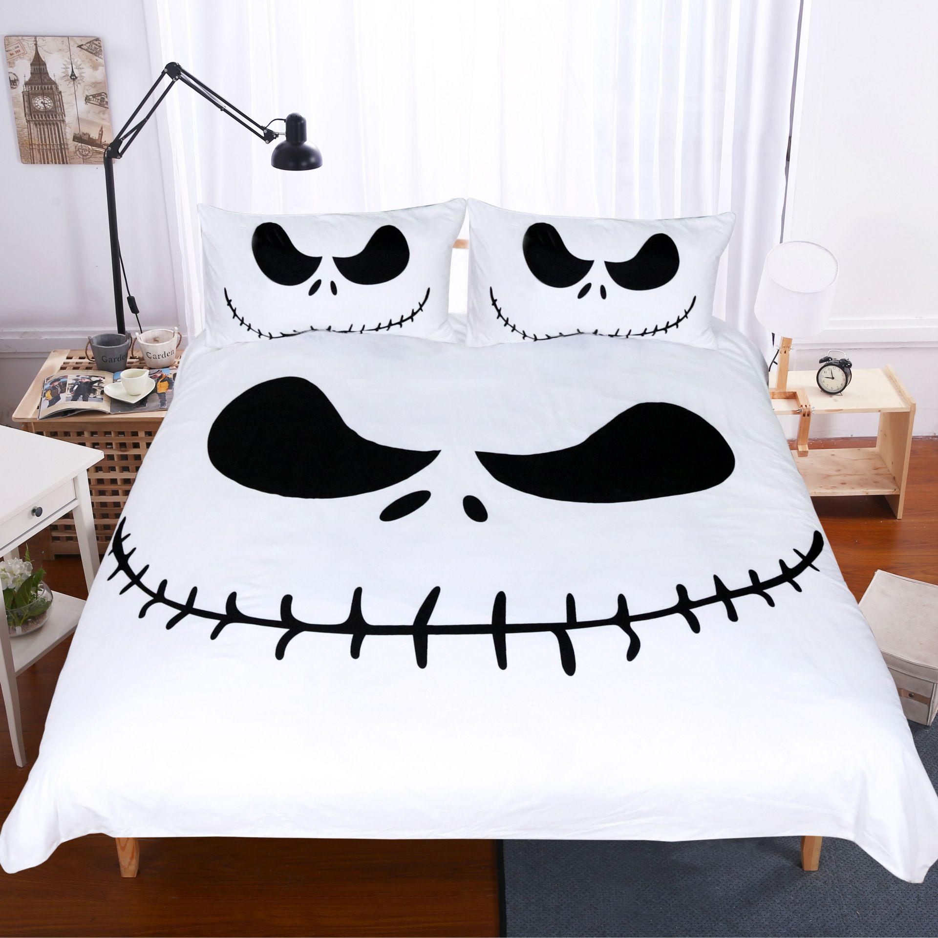 Happy Halloween Bedding Set Black And White Nightmare Before Christmas Cool Printed Bed Linen Soft Duvet Cover With Pillow Case Satin Bedding Cool Duvet