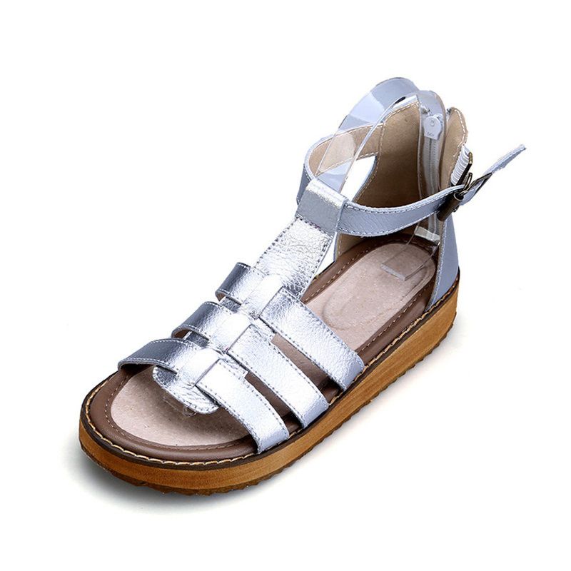 Sandalias Cuero Genuino Gladiador Plata Negro Hebilla Tobillo Tacón De Plano Verano Moda Las 2018 Correa Casual Zapatos Mujer Del N0mw8n