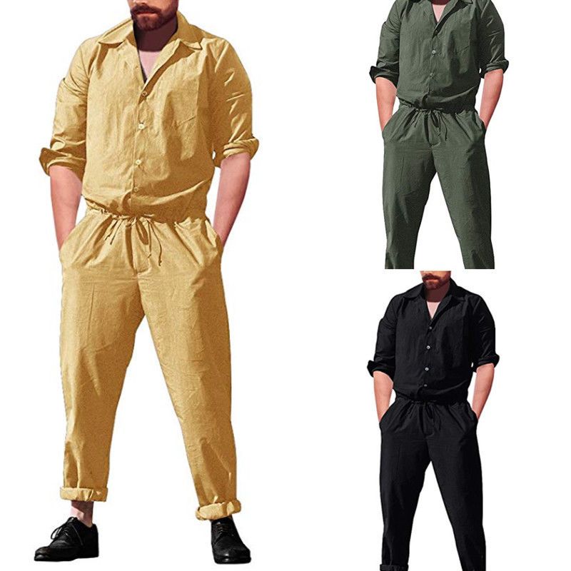 2020 Fashion Autumn Cotton Rompers Mens Single Breasted Jumpsuit Cargo