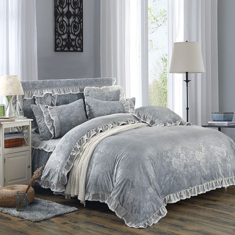 Fleece Fabric Warm Bedding Set Grey Luxury Embossing Duvet Cover Fleece Fabric Warm Bedding Set Grey Luxury Embossing Duvet Cover King Queen Twin Ruffles Bedskirt Bedline Funda Nordica Size