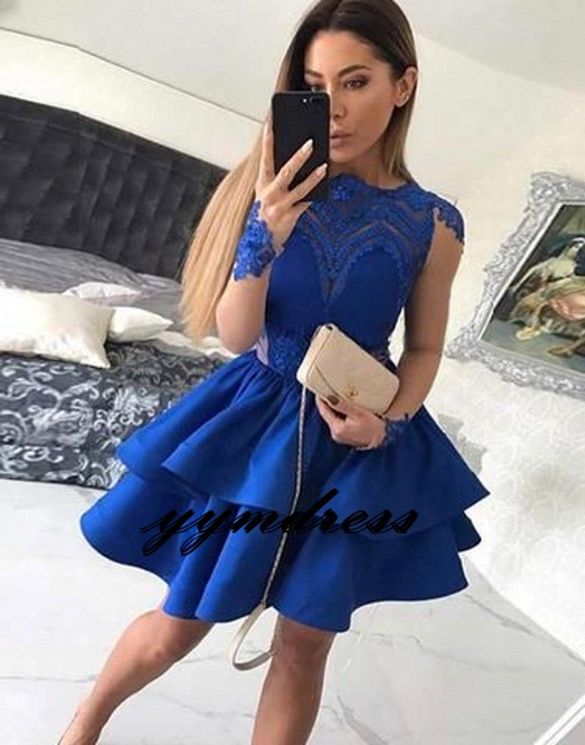 Blue Homecoming Dresses 2019 Long Sleeve Sheer Neck Sweet Custom A Line ...