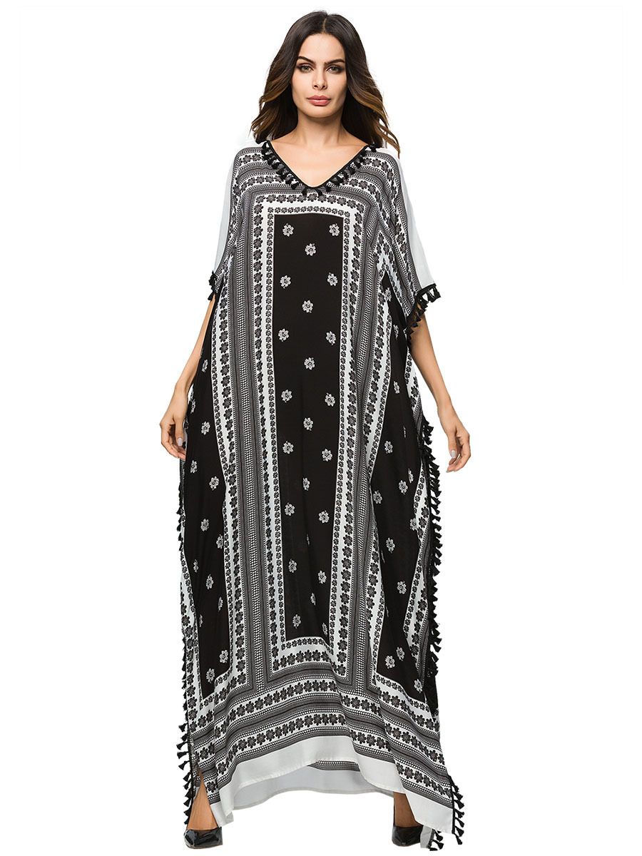KPILP Women Elegant Ramadan Garment Muslim Arab Islamic Middle East Ethnic Print Long Sleeve Abayas Dress