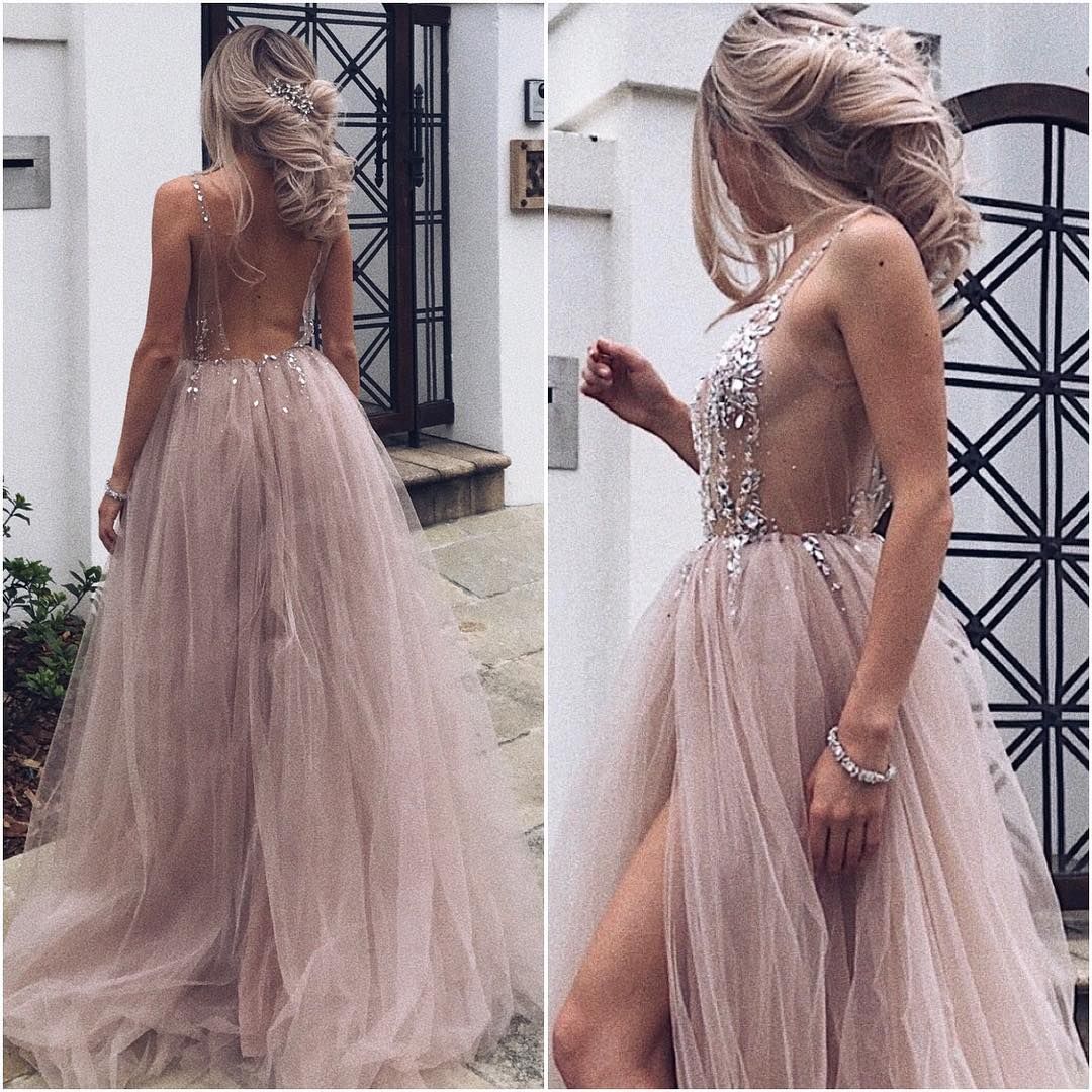 Blush Pink Crystal Prom Dresses Sexy Backless Boho Formal Evening Gowns