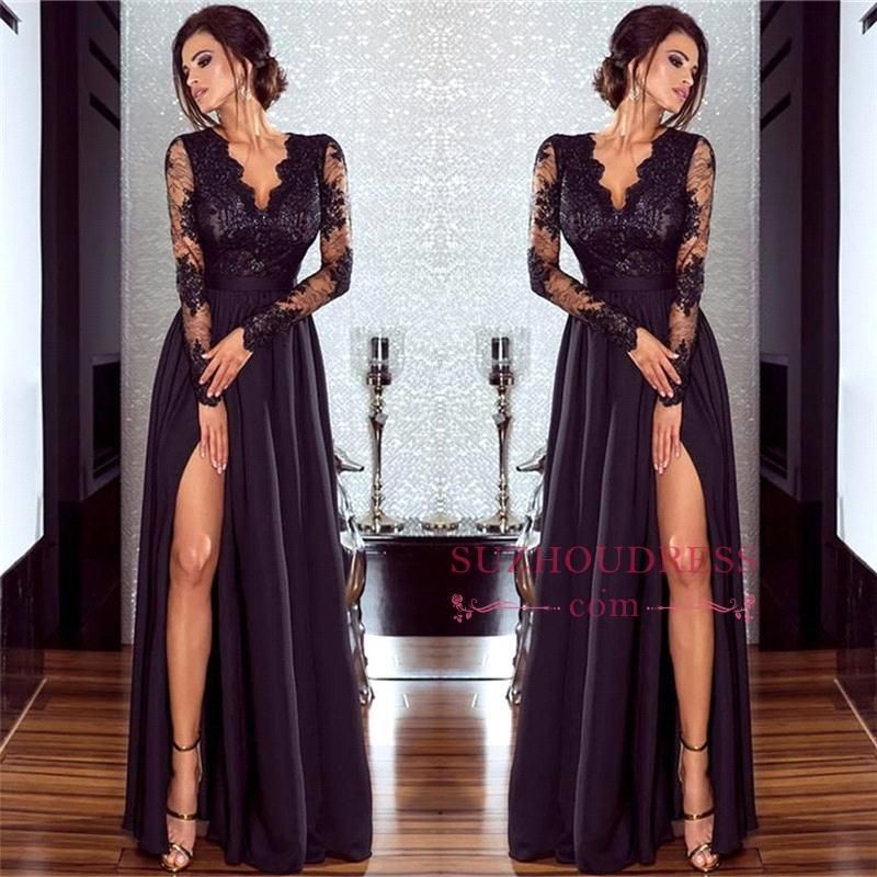 black dress with lace top and sleeves