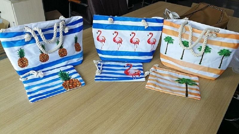 Wholesale Blanks Pineapple Canvas Beach Tote Rope Handle Zipper Closure Flamingo Tote Beach Bag With Matching Clutch Dom109843