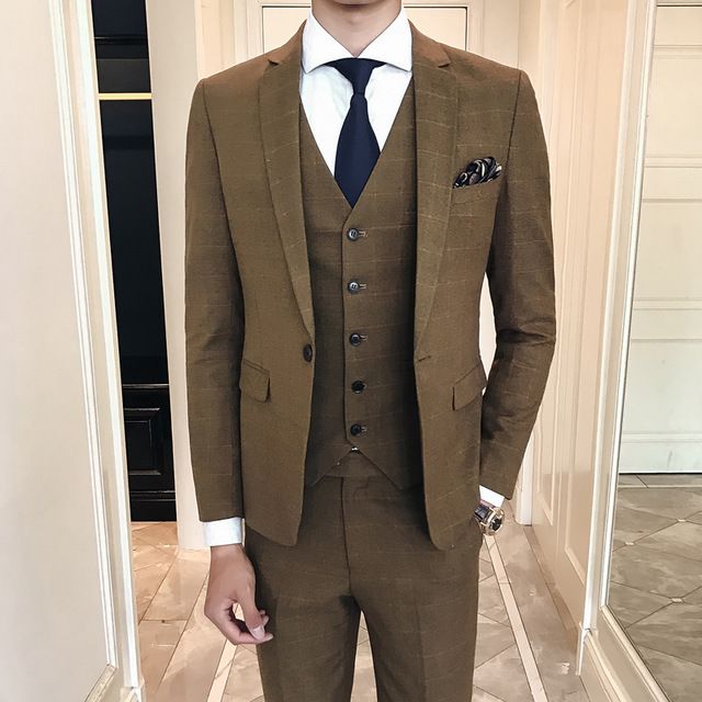 Costumes Smokings Slim Fit Hommes Costume En Marron A Carreaux Avec Gilet Costume Mariage Scene Veste De Sport Vetements Accessoires