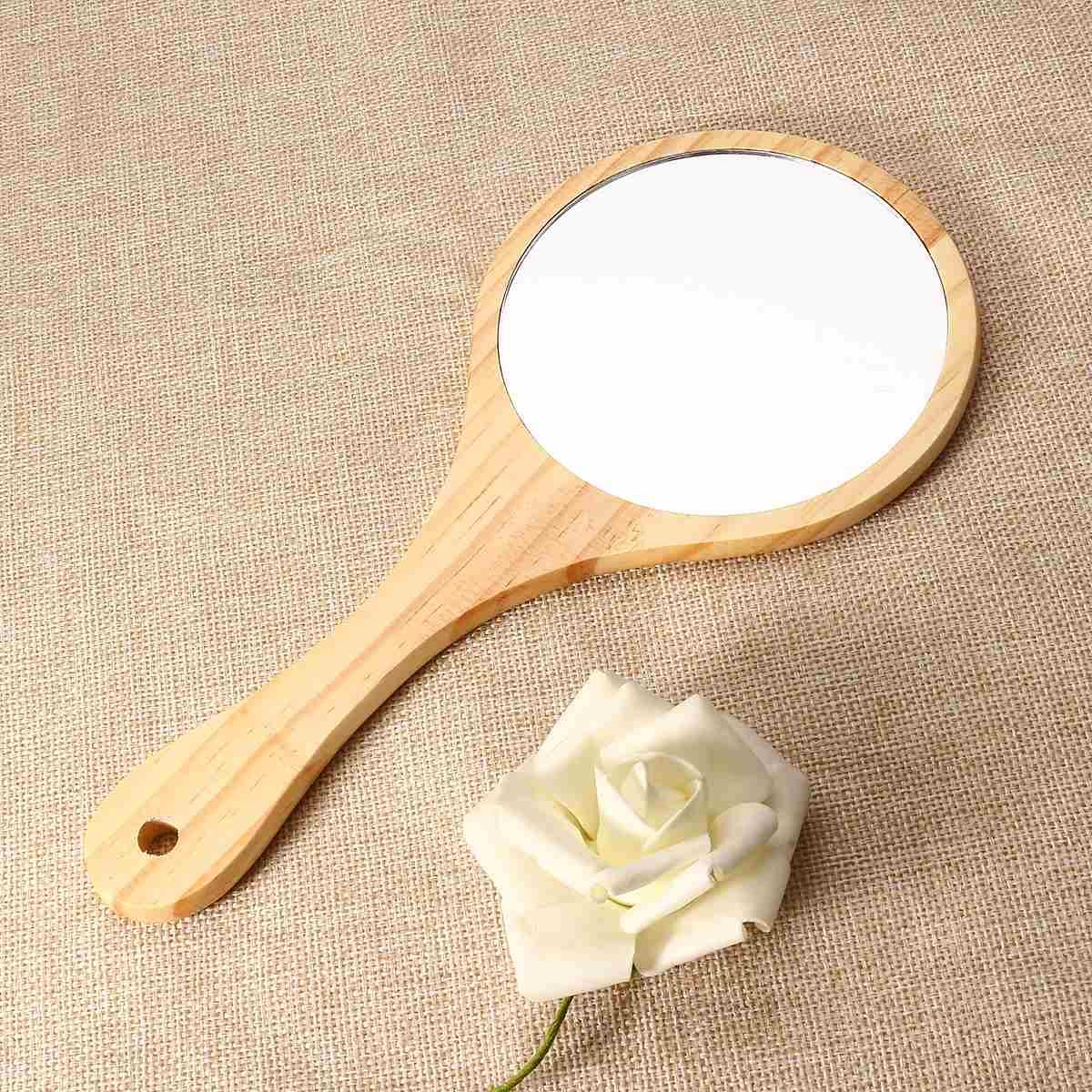 New Natural Wood Mirror Wooden Hand Vintage Portable Compact Makeup Vanity Held With Handle For Women Travel
