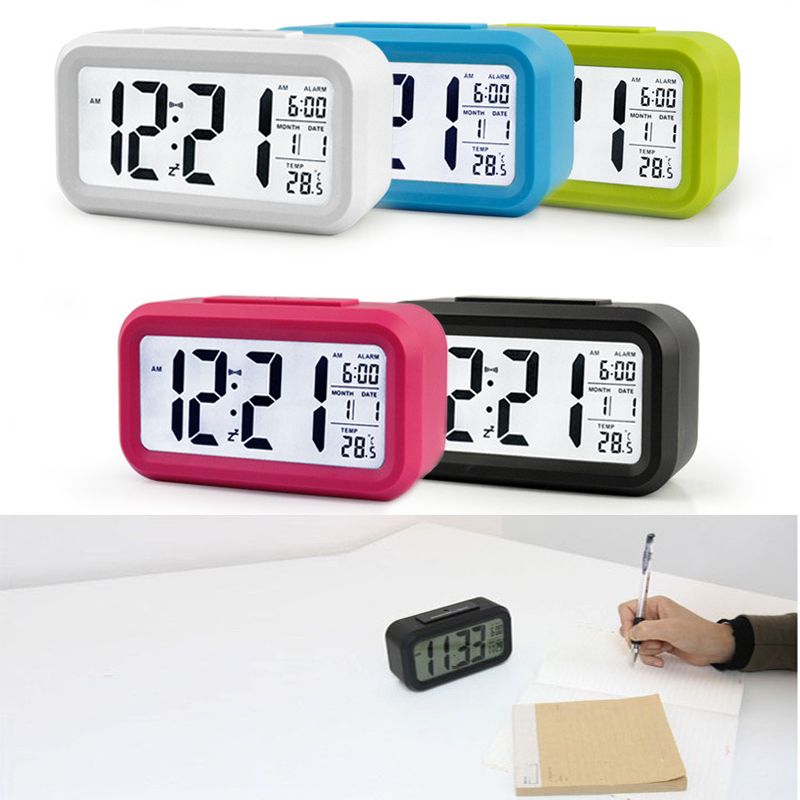 Digital Alarm Clock Student Large Lcd Display Snooze Electronic Kids Light Sensor Nightlight Office Table