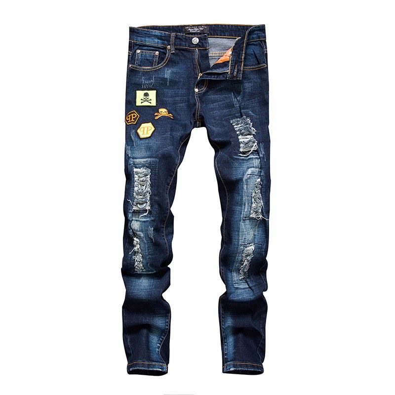 2020 Men Embroidery Skull Jeans Man Skinny Slim Denim Trousers Fashion ...