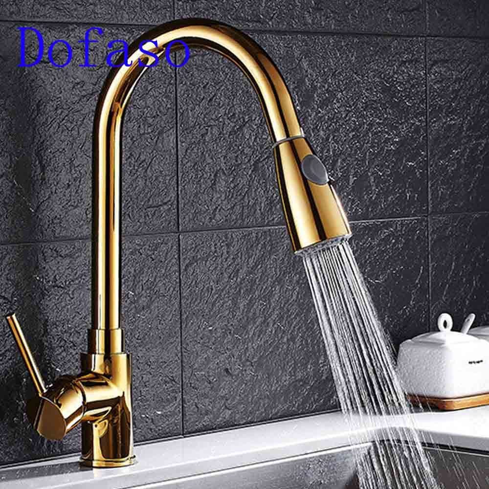 2018 dofaso gold kitchen faucet pull out sprayer copper made cold