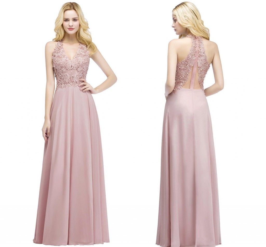 New Elegant Dusty Pink Long Bridesmaid Dresses V Neck Lace Appliqued