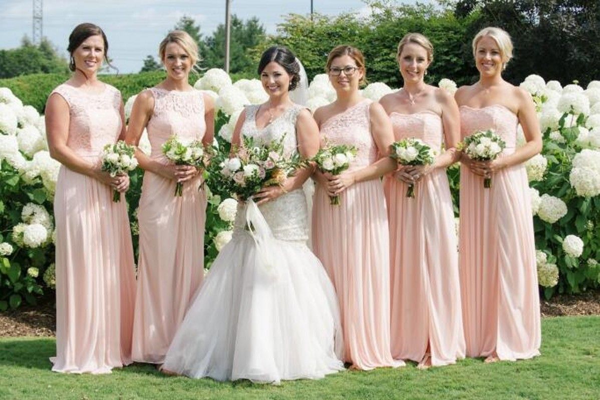 Light Pink Mixed Neckline Chiffon Long Bridesmaid Dresses 2019 Lace