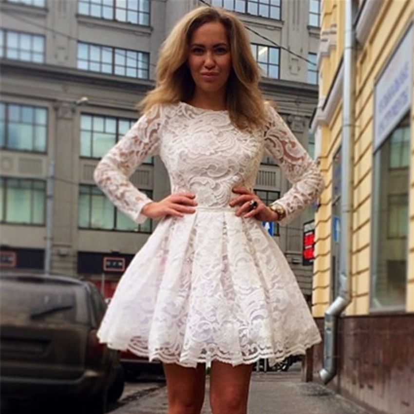 white lace long sleeve knee length dress