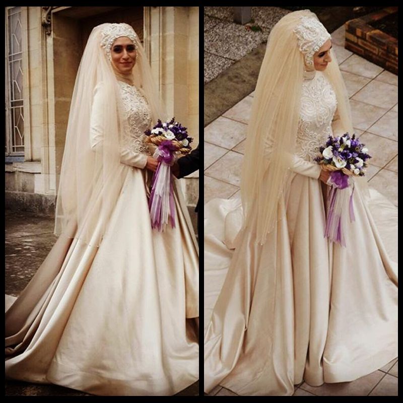 Acheter 2019 Robes De Mariée Musulmanes À Manches Longues Champagne Une Ligne Robe De Mariée Col Haut Avec Des Perles De Voile Hijab Perles Robes De Mariée