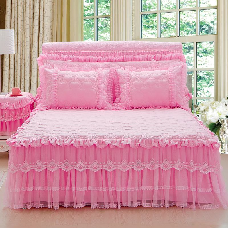 Princess Lace Pink Beige Purple Bed Skirt Full Queen King Size Princess Lace Pink Beige Purple Bed Skirt Full Queen King Size Bedspread Pillowcase Home Decorative Gold Bedskirt Black Dust Ruffle From Olgar