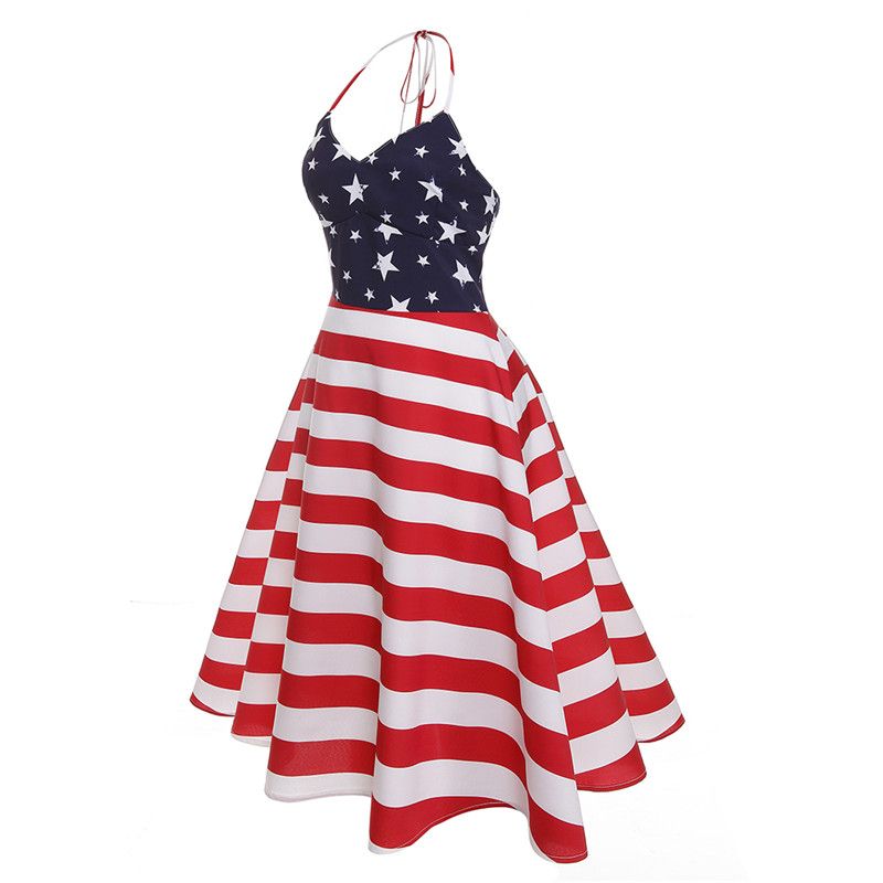 Feminino Vestidos Rockabilly Swing Retro Dress Summer Star Flag Striped ...