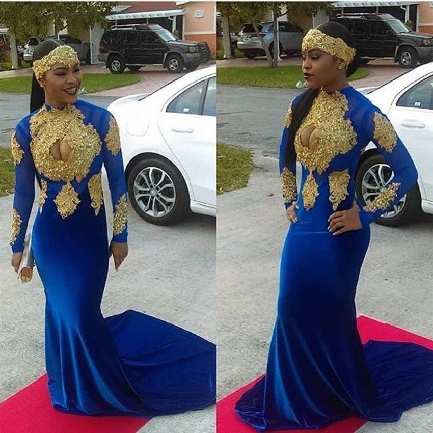Lace Appliqued Velvet Royal Blue And Gold Prom Evening Dress With Long