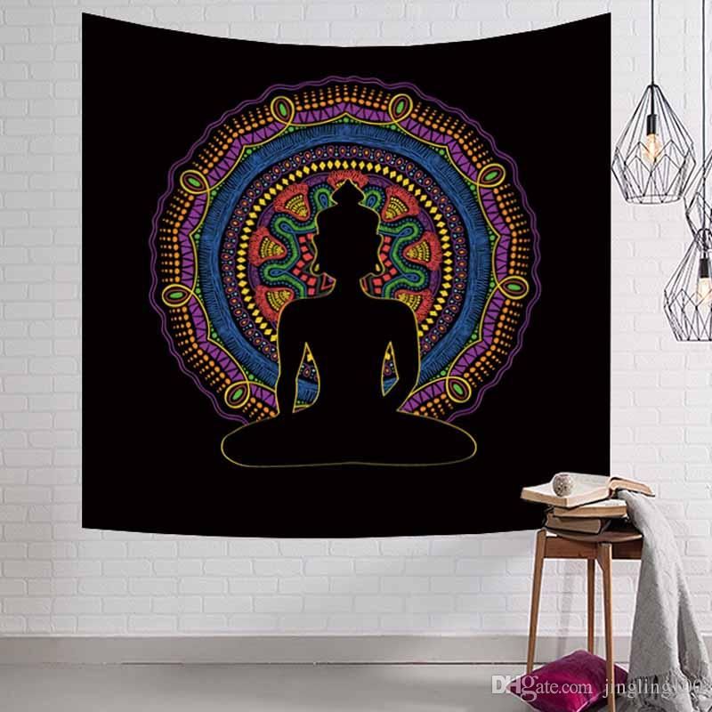 Indian Buddha Statue Psychedelic Tapestry Boho Wall Hanging Mandala Indian Buddha Statue Psychedelic Tapestry Boho Wall Hanging Mandala Moroccan Hippie Table Cloth Black Beach Towel Yoga Mat Blanket