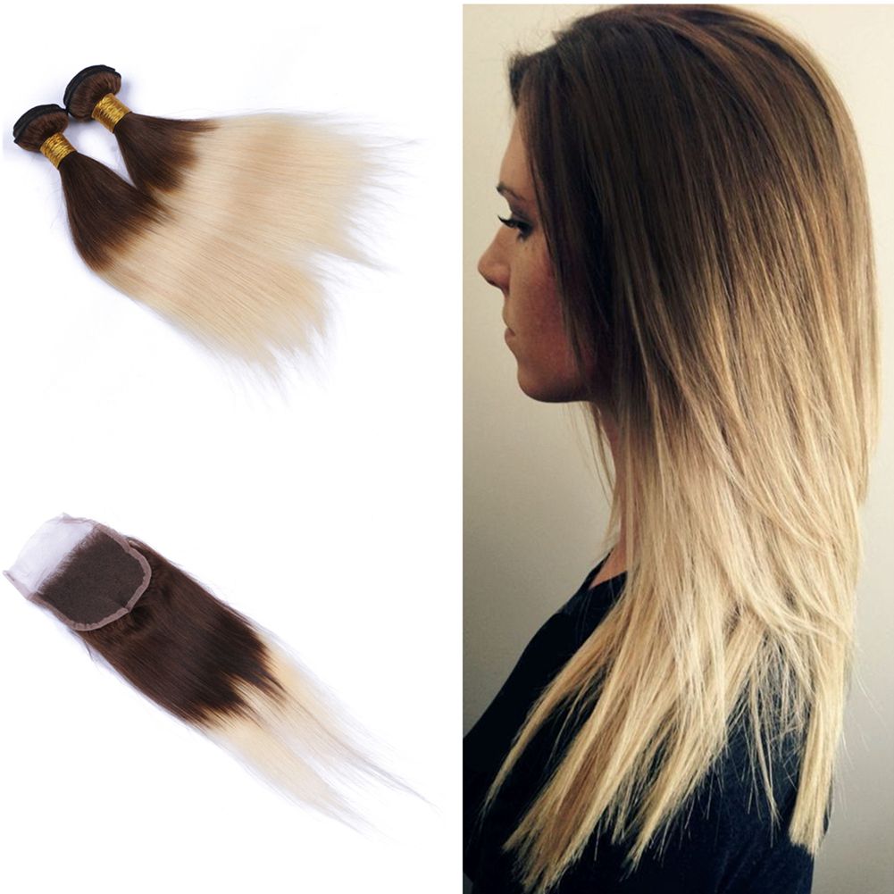 Ombre Color Medium Brown And Blonde Hair Extension With Lace