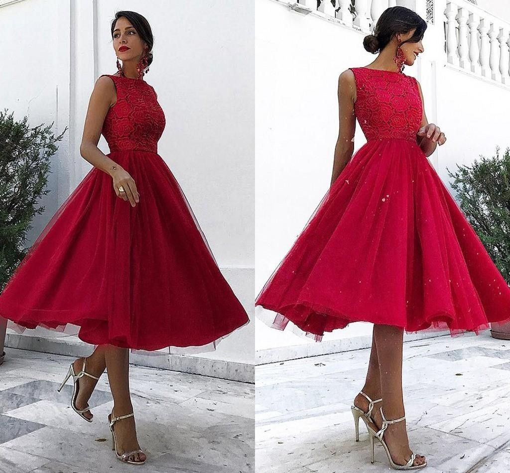 Dark Red Midi Length Prom Dresses Bateau Neck Sleeveless Lace Tulle Calf Length Party Dresses