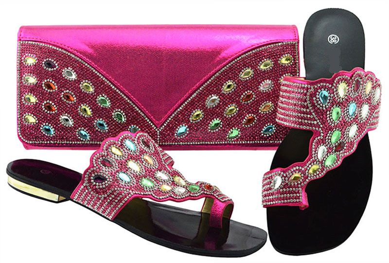 Beautiful Fuchsia Low Heel 1.5CM Sandals With Big Crystal Decoration African Shoes Match Handbag 