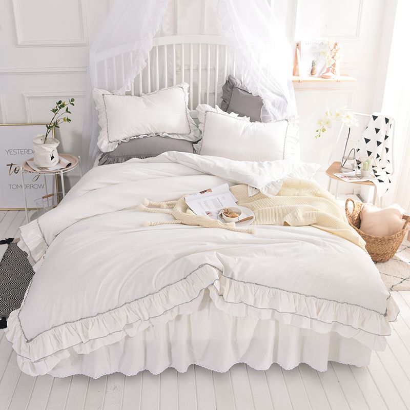 Free 100 Cotton Bed Skirt Solid Color Simple Ruffles Princess Lace 4pcs Bedding Set Full Queen King Size Mr