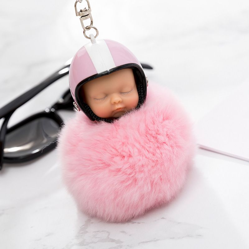 판타지 새로운 무성한 토끼 모피 응원 오토바이 헬멧 잠자는 아기 키 체인 여성 모피 인형 키 체인 자동차 열쇠 고리 장난감