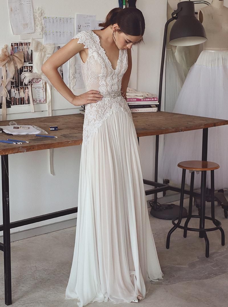 Discount Vintage Lace Beaded Wedding Dresses Simple A Line V Neckline V