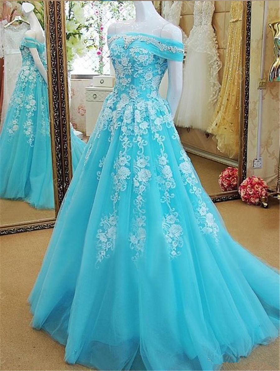 Real Photos Light Blue Prom Dress 2018 Bateau Lace Applique A Line Floor Length Quinceanera Gown ...