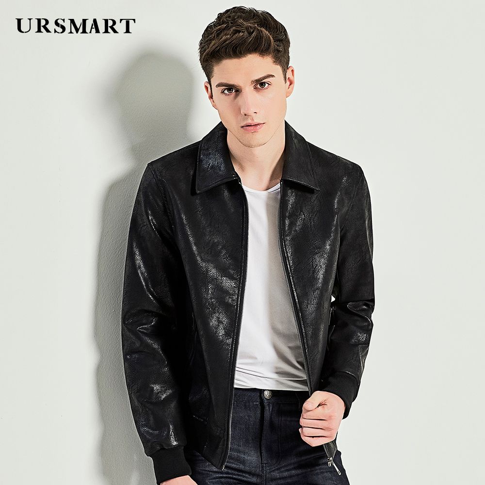 Ursmart Autumn Winter New Black Men S Leather Jacket Style Small Square Neck Retro