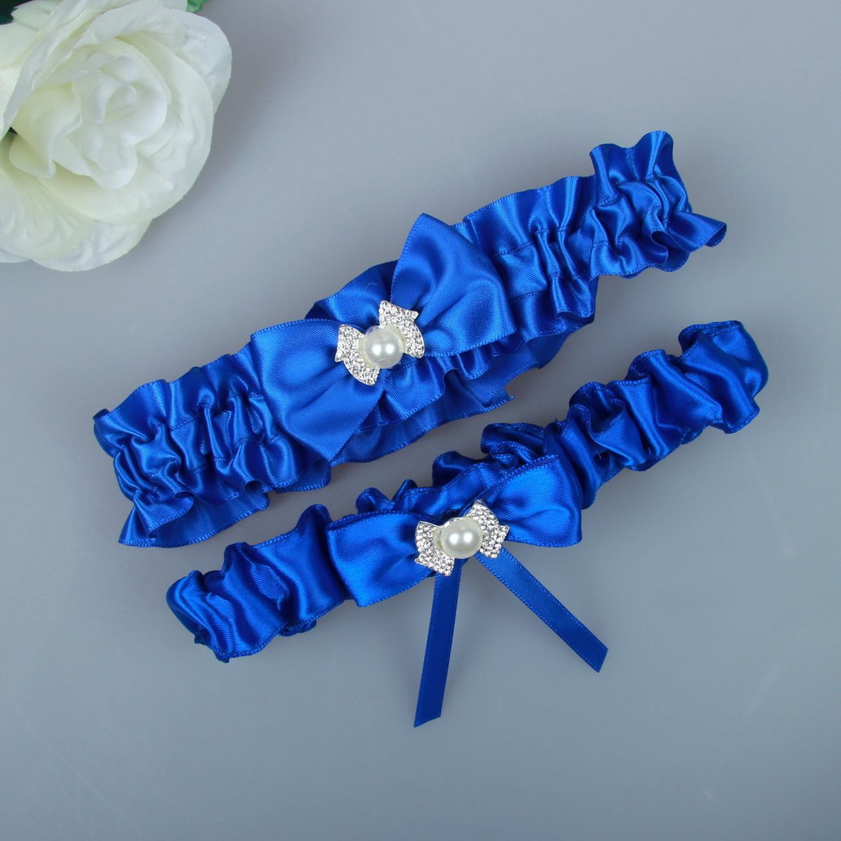 Royal Blue Bridal Garters Bow Leg Garter Set Vintage Wedding Garters