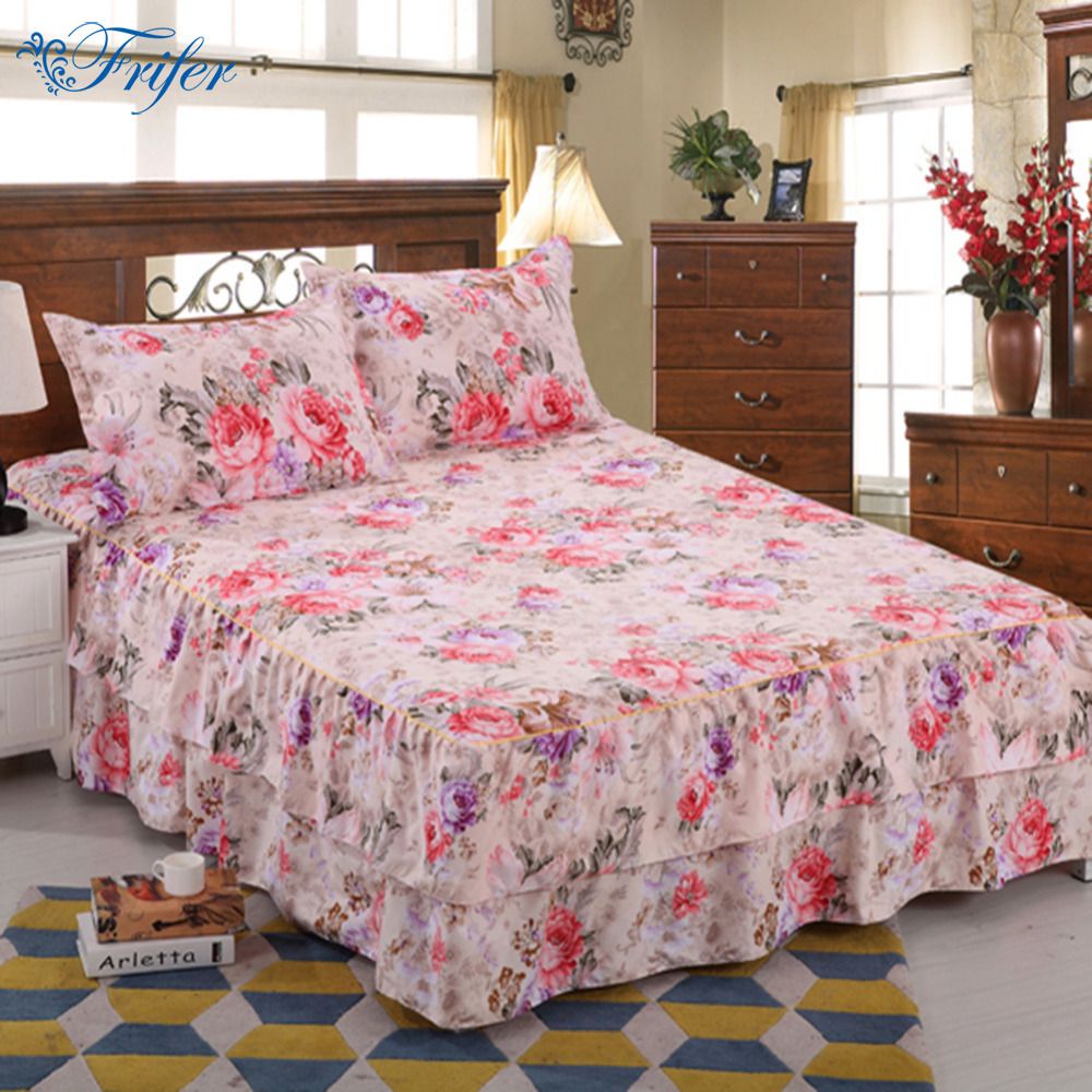 polyester cotton bed skirt case cover bedspread floral printed floral flat sheet