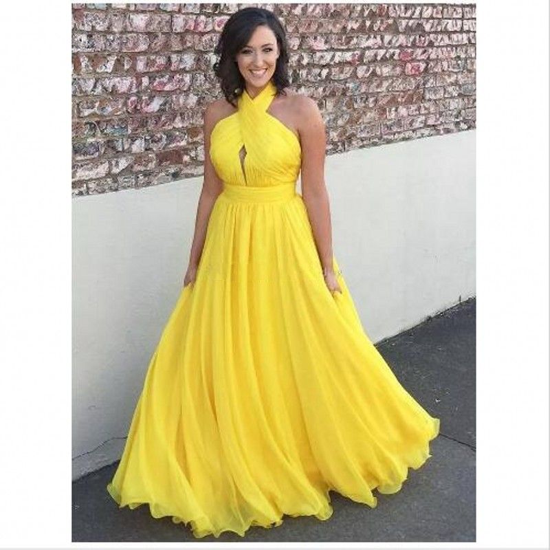  Yellow  Plus  Size  Chiffon Long Evening Dresses  Halter 