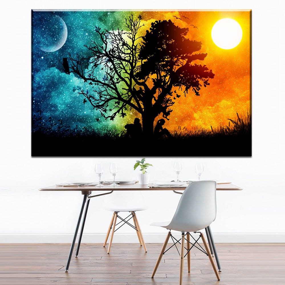 Acheter Toile Abstraite Moderne Soleil Jour Et Lune Nuit ...