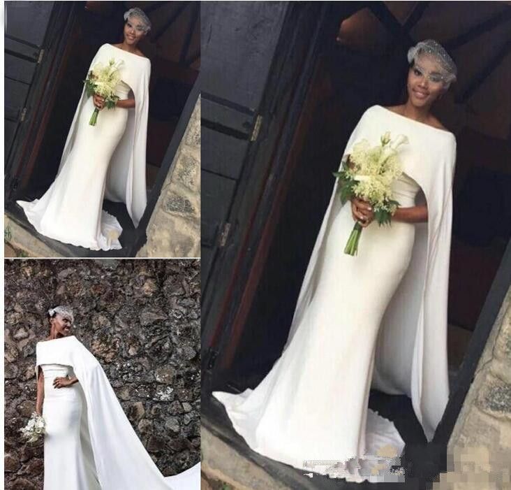 2018 Cheap Spandex A Line Wedding Dresses Black Girl With Cape