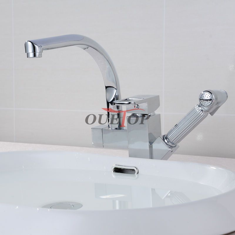 Free Torneira Cozinha Polished Chrome Brass Double Spouts 360 Degree Pull Out Kitchen Faucet Tap Sink Mixer