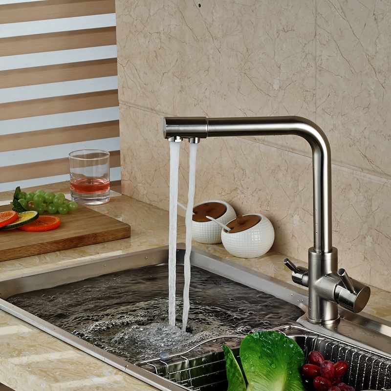 Brand New Kitchen Sink Faucet Pure Water Filter Drink Mixer Tap Dual Handles Two Spout Brushed Nickel Finish