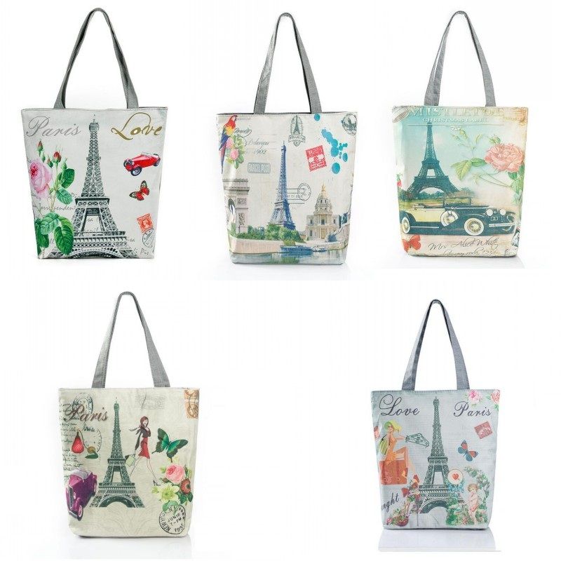 Hot Sale Women Canvas Tote Paris Tower Print Female Shoulder Bags Canvas Beach Bag For Girls ...