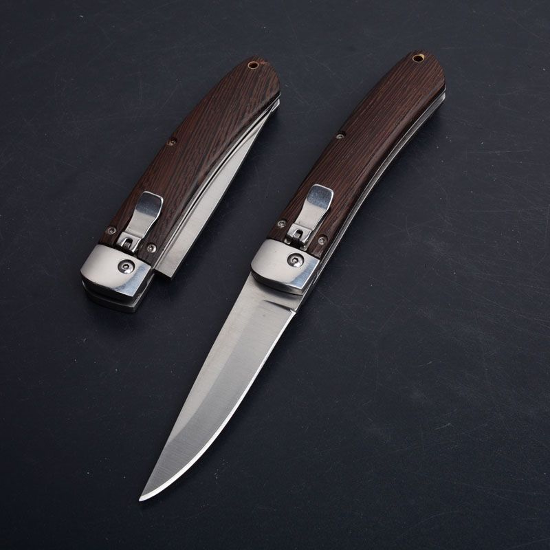 Promotion Cheap Auto Tactical Folding Knife 440C Satin Drop Point Blade Wood Handle EDC Pocket